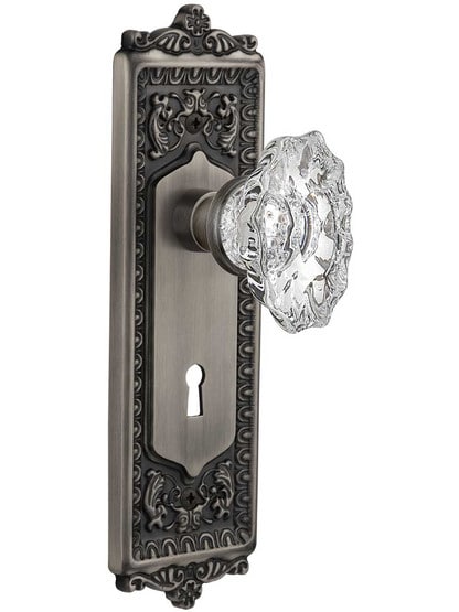 Egg and Dart Mortise-Lock Set with Chateau Crystal Glass Knobs in Antique Pewter.